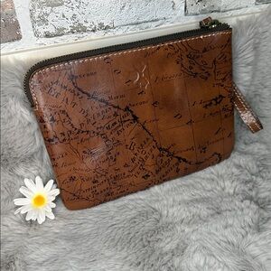 Patricia Nash Brown Vintage Map Leather Wristlet Clutch, EUC